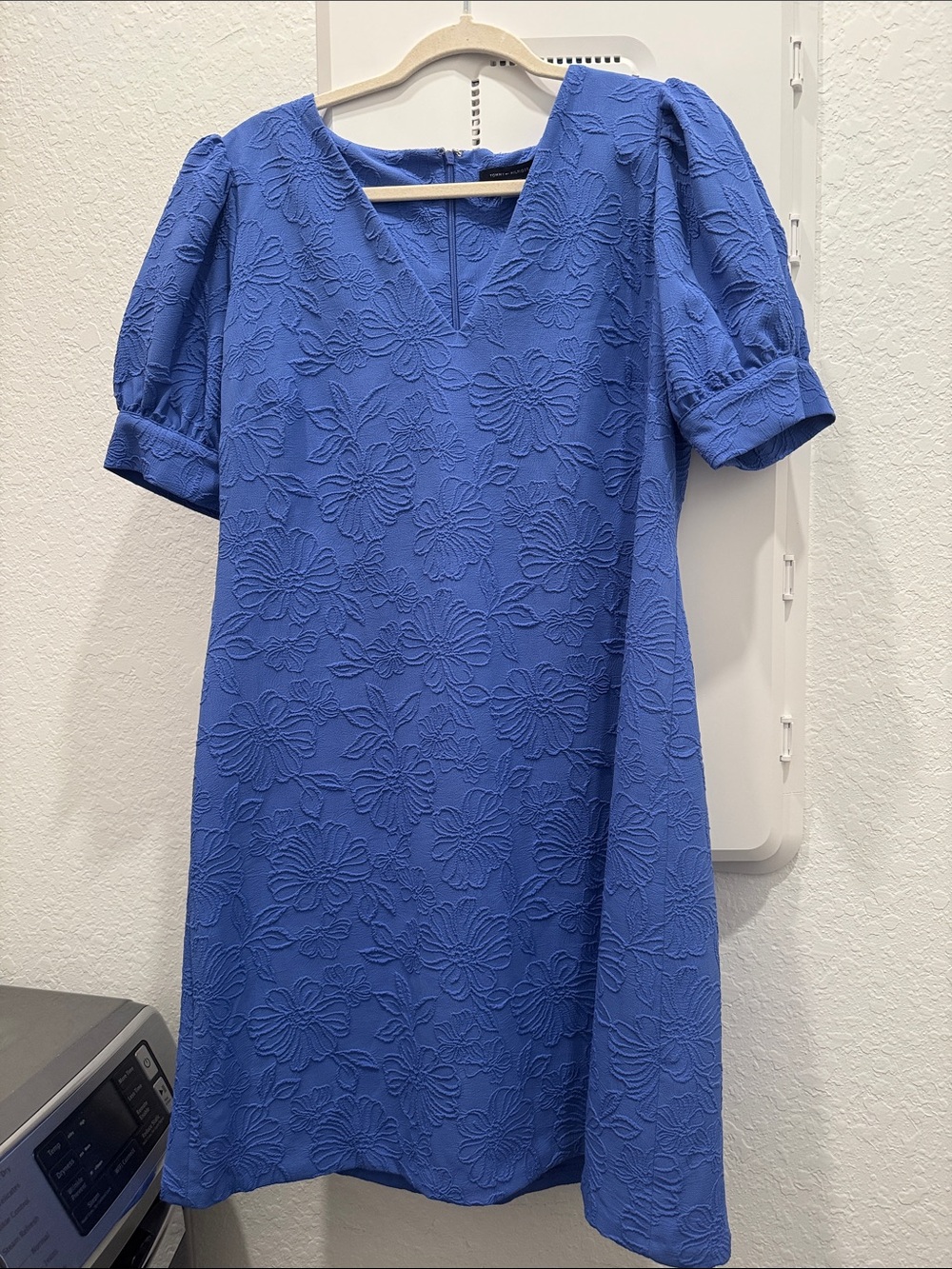 Tommy Hilfiger Royal Blue Floral Textured Puff-Sleeve Mini Dress